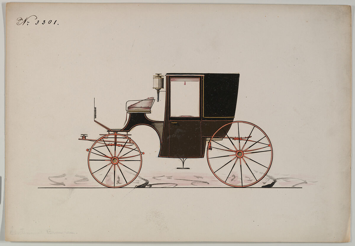 Design for Brougham, no. 3301, Brewster &amp; Co. (American, New York), Pen and black ink, watercolor and gouache with gum arabic 
