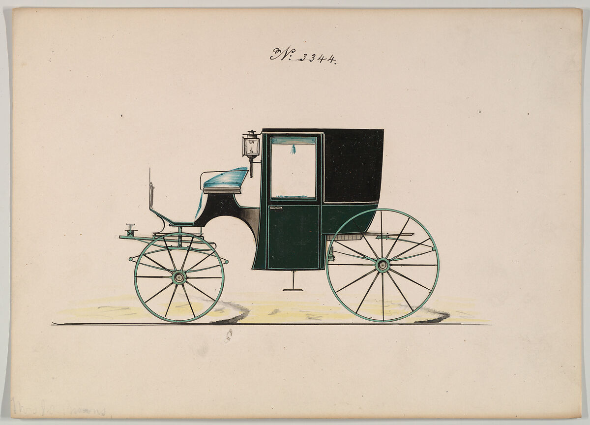 Design for Brougham, no. 3344, Brewster &amp; Co. (American, New York), Pen and black ink, watercolor and gouache with gum arabic and metallic ink 
