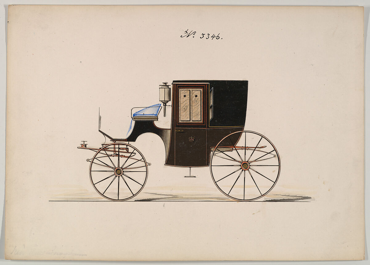 Design for Brougham, no. 3346, Brewster &amp; Co. (American, New York), Pen and black ink, watercolor and gouache with gum arabic 