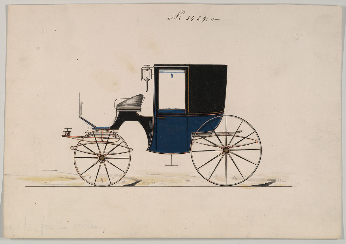 Design for Brougham, no. 3424a, Brewster &amp; Co. (American, New York), Pen and black ink, watercolor and gouache with gum arabic and metallic ink 