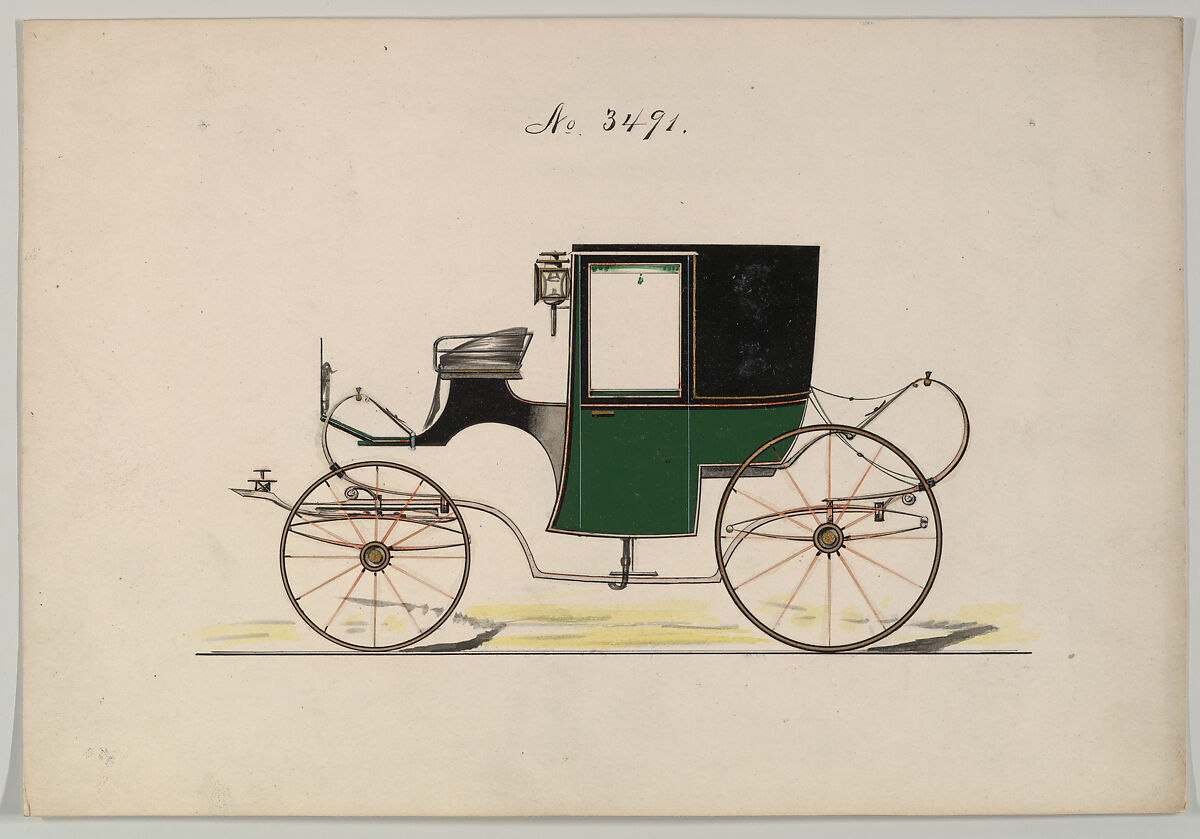 Design for Brougham, no. 3491, Brewster &amp; Co. (American, New York), Pen and black ink, watercolor and gouache with gum arabic and metallic ink 