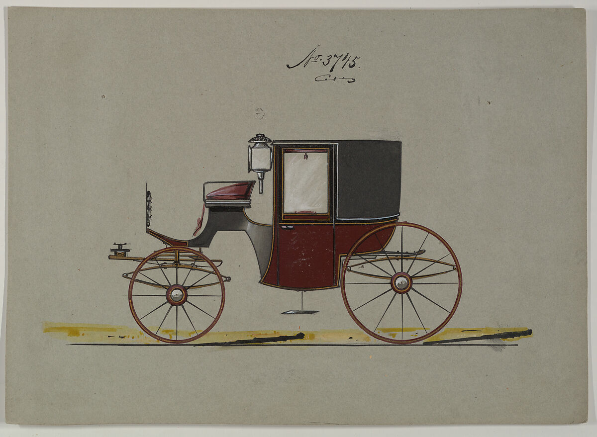 Design for Brougham, no. 3745, Brewster &amp; Co. (American, New York), Pen and black ink, watercolor and gouache with gum arabic and metallic ink. 