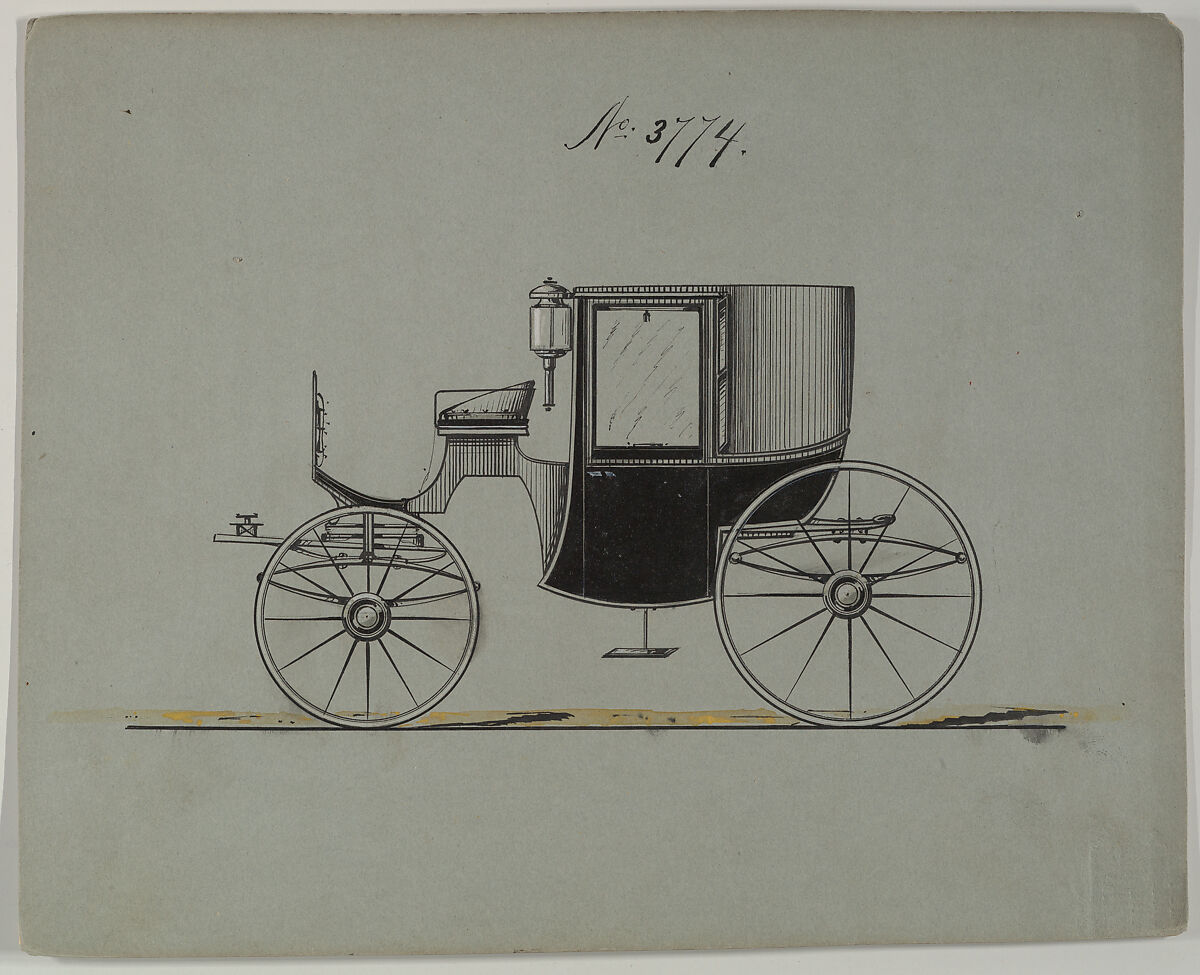 Design for Brougham, no. 3774, Brewster &amp; Co. (American, New York), Pen and black ink, gouache, and yellow and black watercolor at scale line 