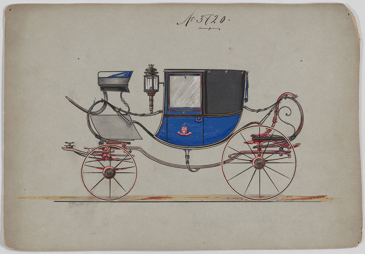 Design for Brougham, no. 3820, Brewster &amp; Co. (American, New York), Pen and black ink, watercolor and gouache, with gum arabic and metalic paint. 