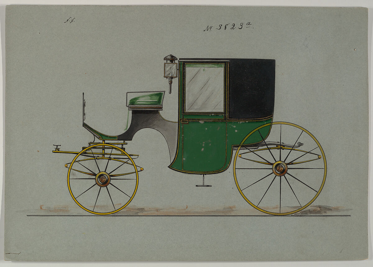 Design for Brougham, no. 3823a, Brewster &amp; Co. (American, New York), Pen and black ink, watercolor and gouache, with gum arabic and metallic ink 
