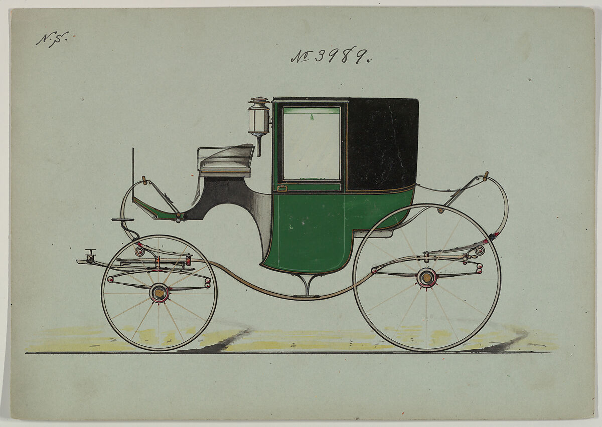 Design for Brougham, no. 3989, Brewster &amp; Co. (American, New York), Transferred from the collection of the former Department of Prints and Photographs.Pen and black ink, watercolor and gouache, with gum arabic and metallic ink 