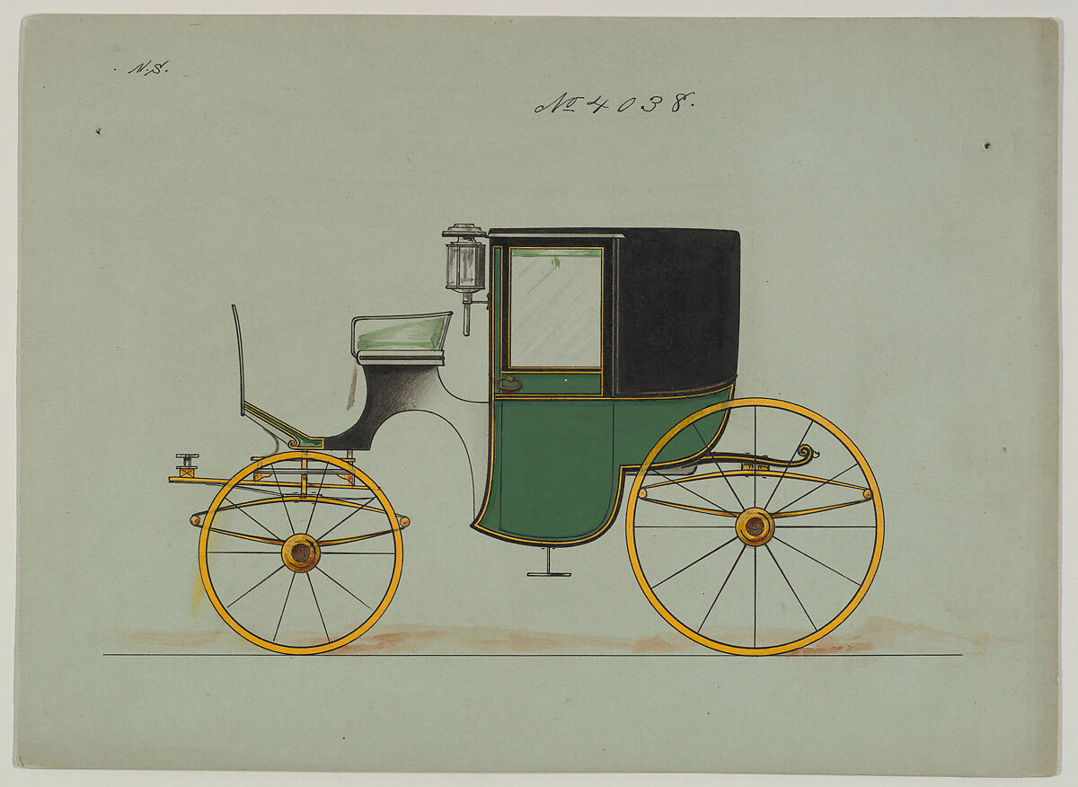 Design for Brougham, no. 4038, Brewster &amp; Co. (American, New York), Pen and black ink watercolor and gouache with gum arabic and metallic ink 