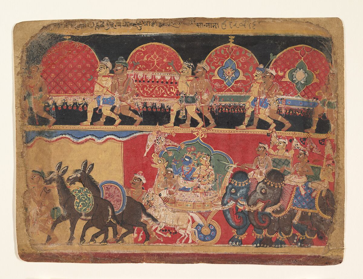 Krishna and the Kshatriya Maidens Proceed to Dvaraka: page from a  Bhagavata Purana series, Sa Nana, Ink and opaque watercolor on paper, India (Delhi-Agra area) 