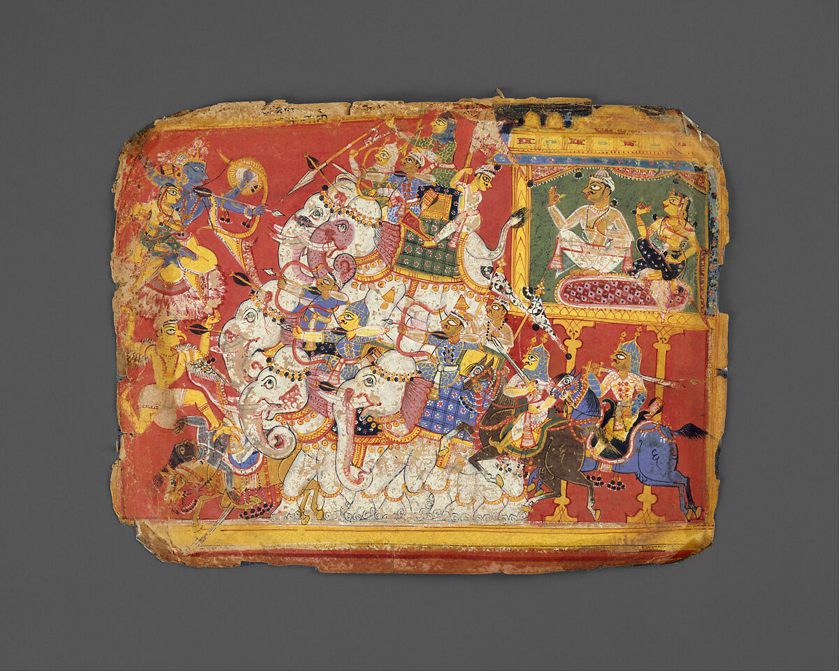 Krishna Battles the Armies of the Demon Naraka: Page from a Bhagavata Purana Manuscript, Opaque watercolor and ink on paper, Northern India, Delhi or Agra region 