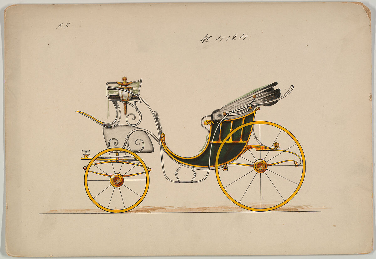 Design for Cabriolet or Victoria, no. 4124, Brewster &amp; Co. (American, New York), Pen and black ink, watercolor and gouache with gum arabic and metallic ink 