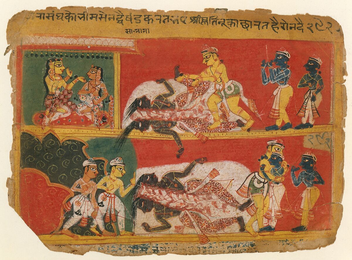 Bhima Slays Jarasandha: Page from a Bhagavata Purana Manuscript, Opaque watercolor and ink on paper, Northern India, Delhi or Agra region 