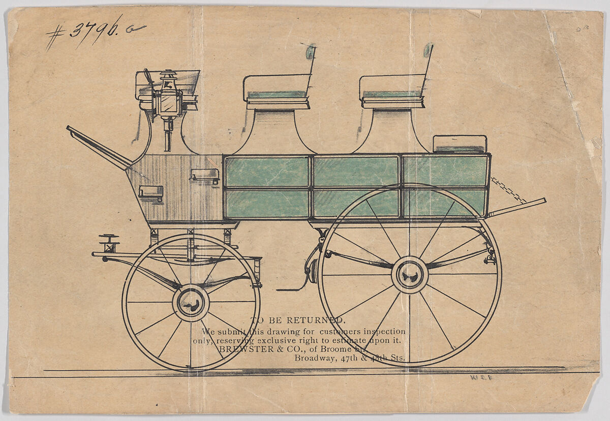 Design for Roof Seat Break, no. 3796a, Brewster &amp; Co. (American, New York), Graphite, pen and black ink, watercolor and gouache with ink stamp 