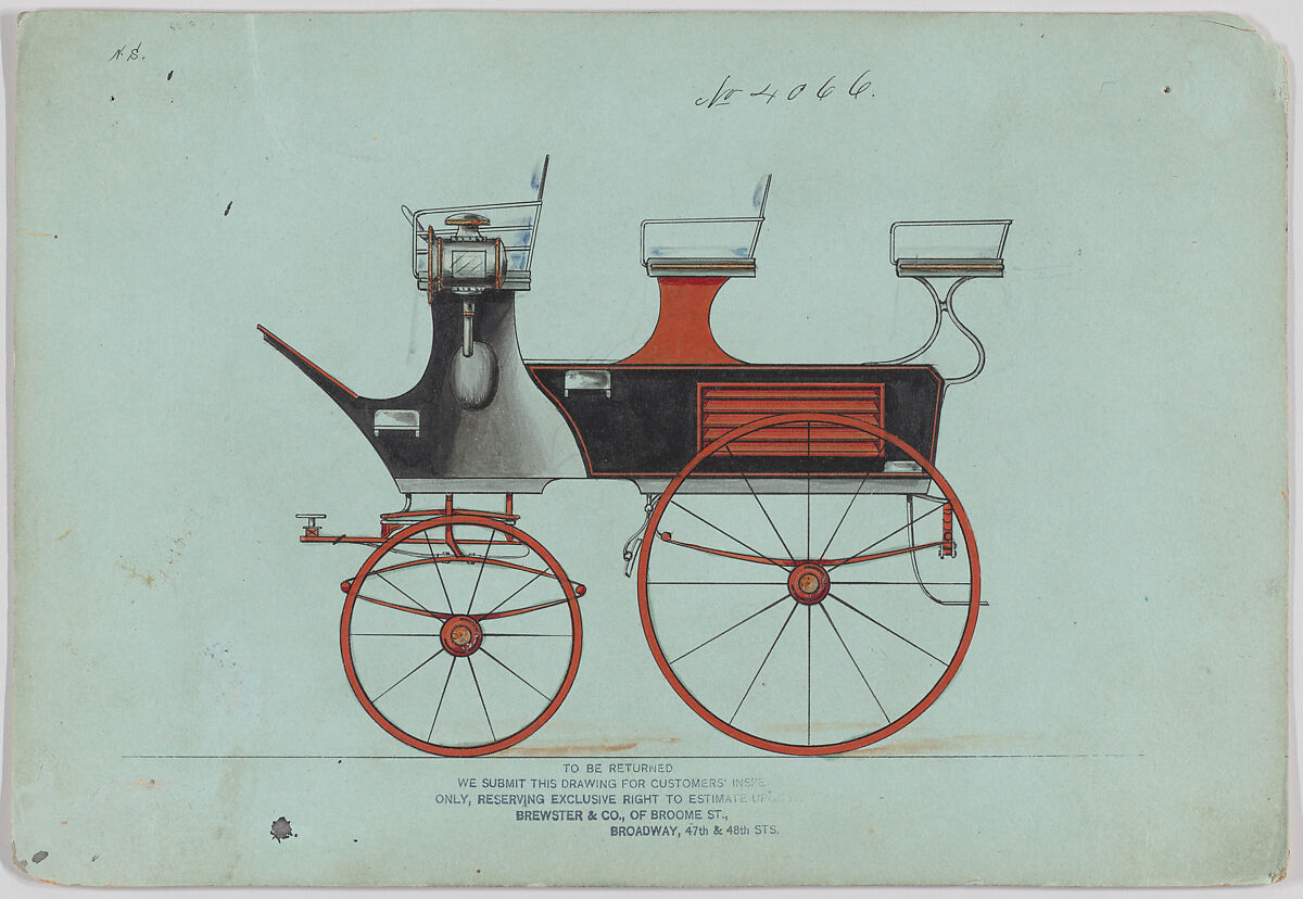 Design for Roof Seat or Demi Break, no. 4066, Brewster &amp; Co. (American, New York), Pen and black ink, watercolor and gouache with metallic ink and rubber stamp 