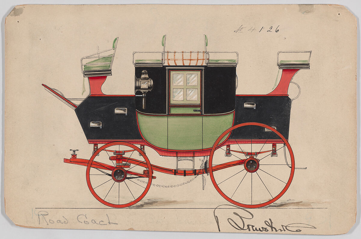 Design for Road Coach, no. 4126, Brewster &amp; Co. (American, New York), Graphite, pen and black ink, watercolor and gouache with gum arabic 
