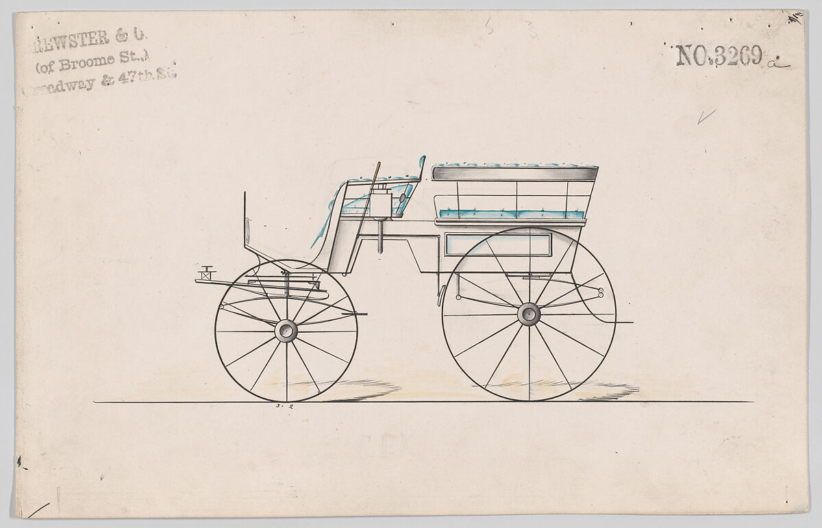 Design for Omnibus or Wagonette, no. 3269a, Brewster &amp; Co. (American, New York), Pen and black ink, watercolor and gouache
