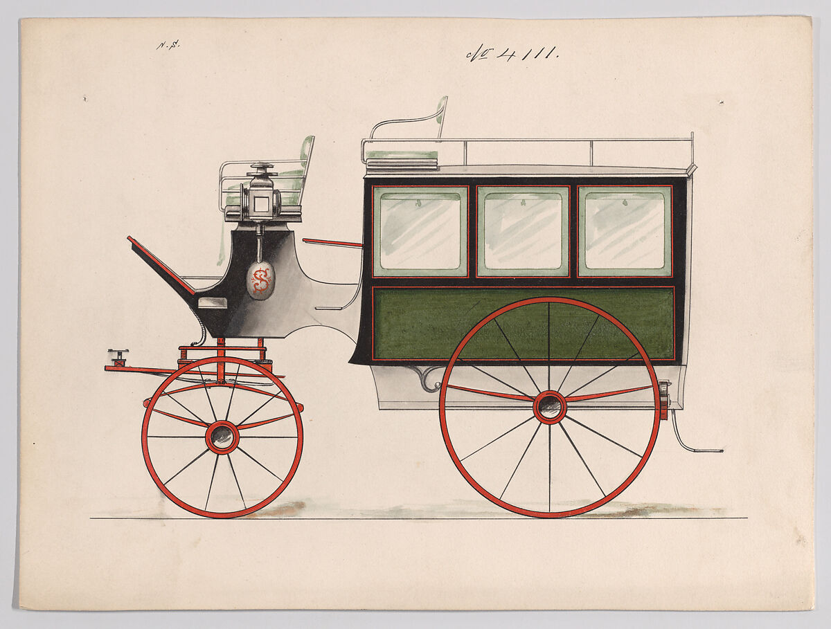 Design for Omnibus or Wagonette, no. 4111, Brewster &amp; Co. (American, New York), Pen and black ink, watercolor and gouache with gum arabic 