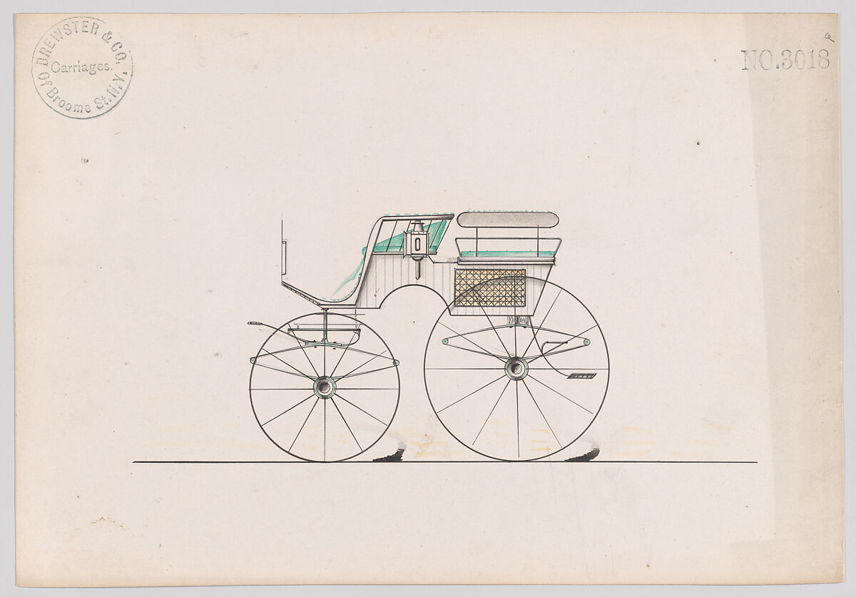Design for Dog Cart or 2 Wheeler, no. 3018a, Brewster &amp; Co. (American, New York), Pen and black ink, watercolor and gouache 