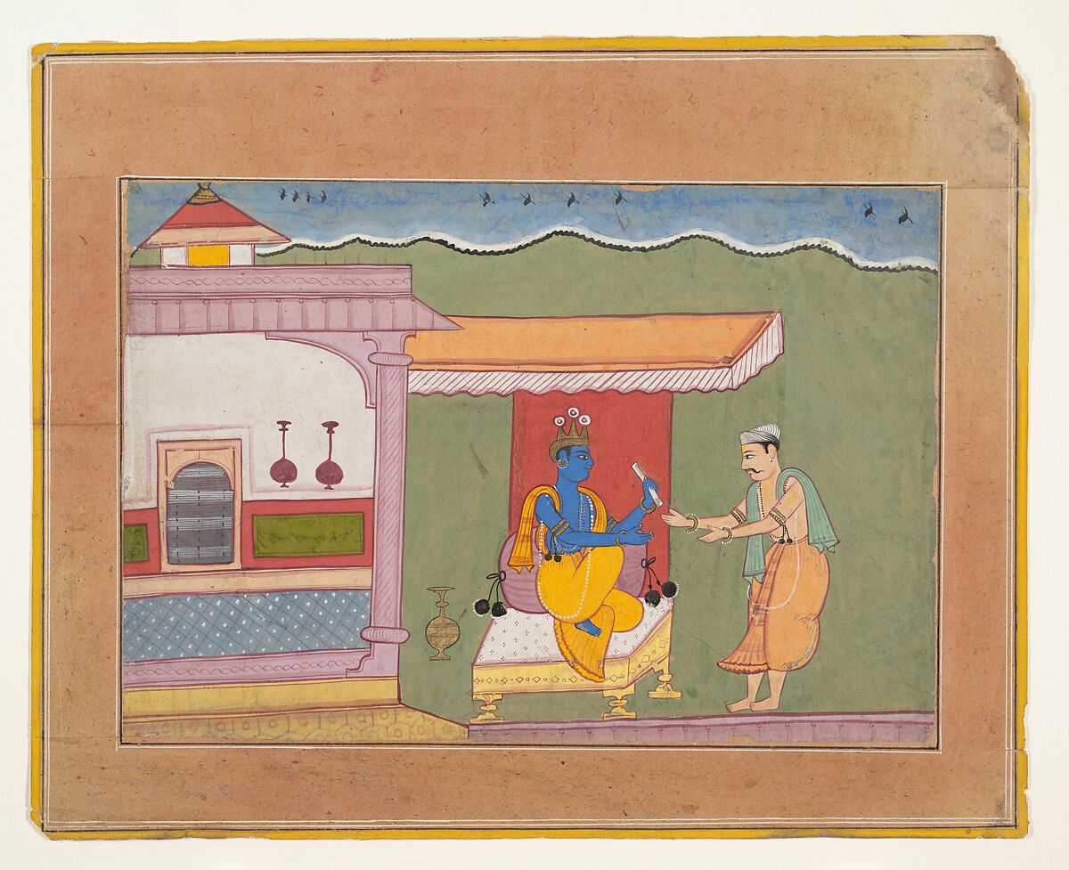 The Brahmin Delivers Rukmini's Letter to Krishna: Page from a Dispersed Bhagavata Purana (Ancient Stories of Lord Vishnu), Ink and opaque watercolor on paper, India (Rajasthan, Bikaner) 