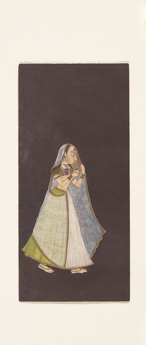 A Lady Walking at Night Holding an Oil Lamp, Ink and opaque watercolor on paper, India (Rajasthan, Bikaner) 