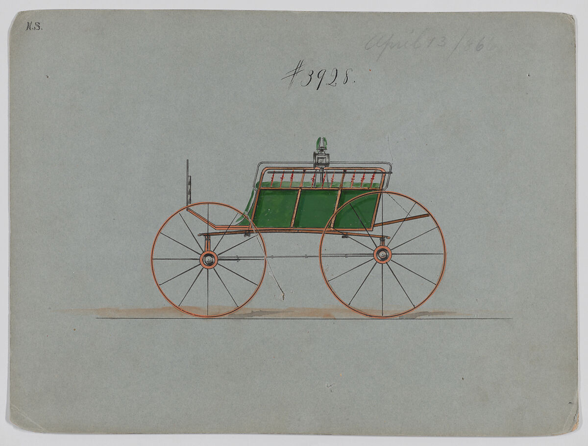 Design for Four Wheel Dog Cart, no. 3928, Brewster &amp; Co. (American, New York), Pen and black ink, watercolor and gouache with gum arabic 