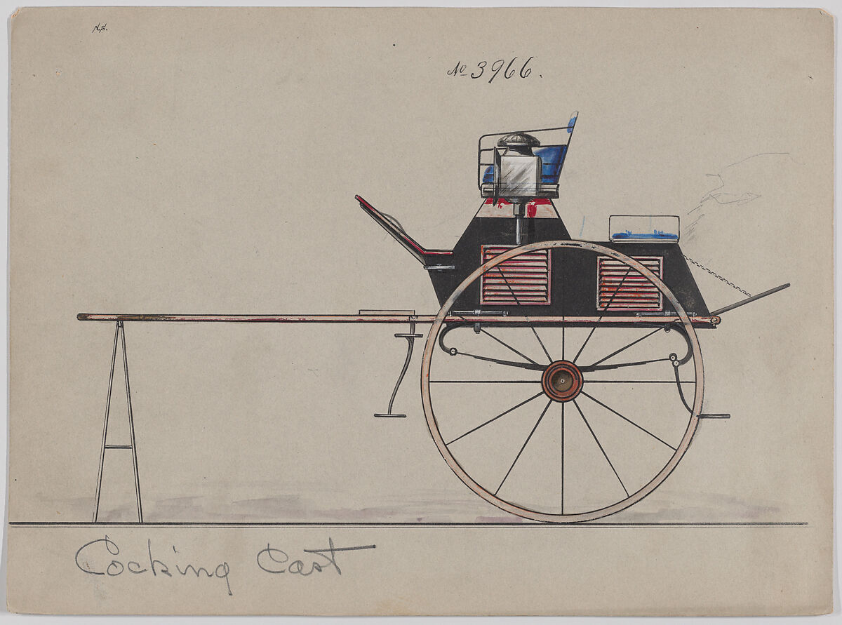 Design for Dog Cart or 2 Wheeler, no. 3966, Brewster &amp; Co. (American, New York), Pen and black ink, watercolor and gouache with gum arabic 