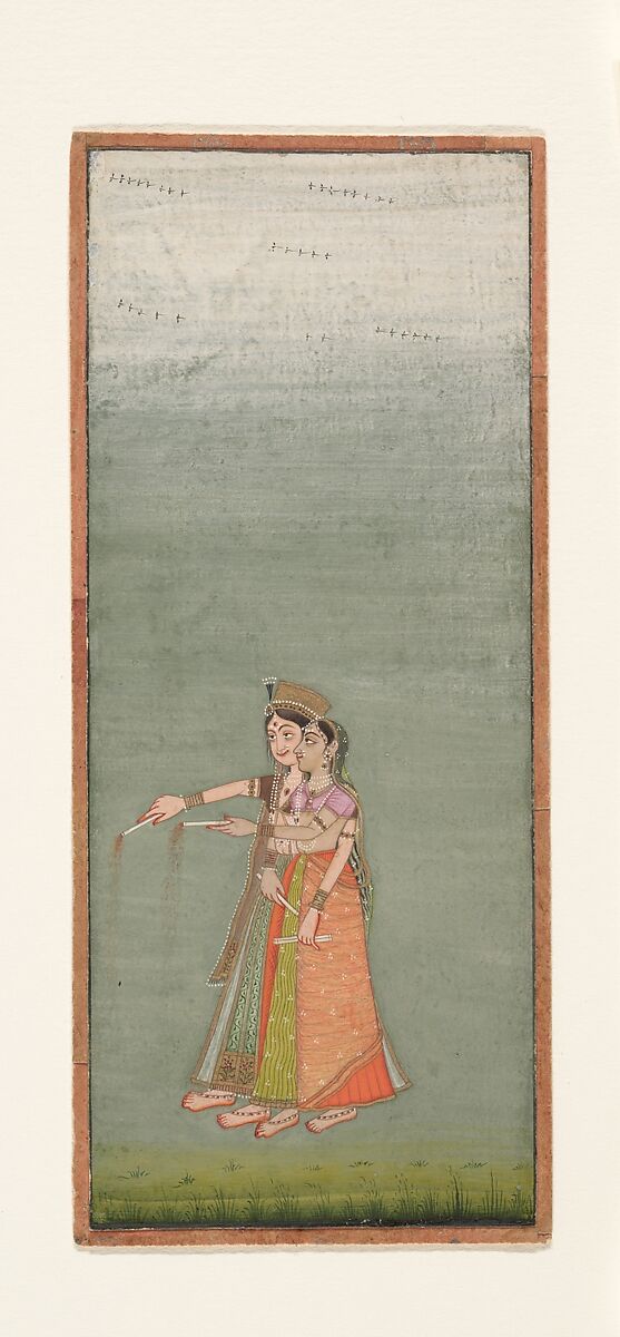 Two Court Ladies with Fireworks, Ink and opaque watercolor on paper, India (Rajasthan, Bikaner) 
