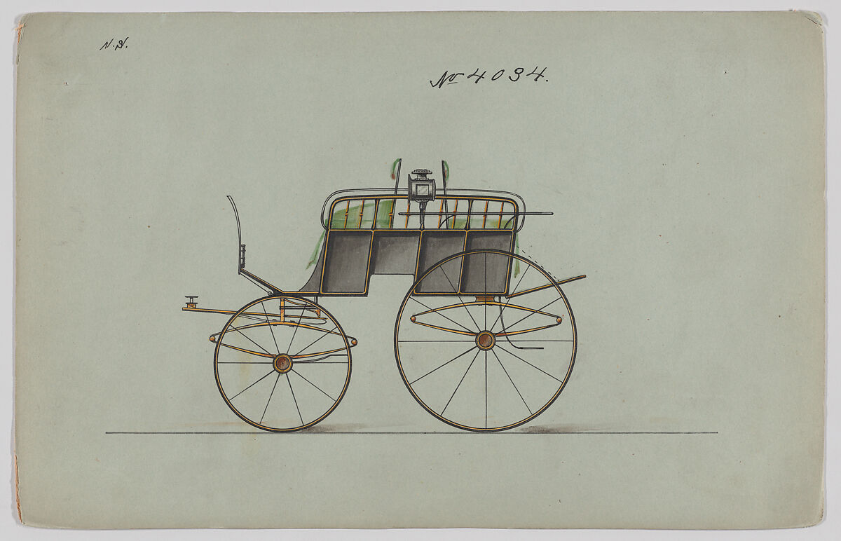 Design for Dos-a-dos Phaeton, no. 4034, Brewster &amp; Co. (American, New York), Pen and black ink, watercolor and gouache with gum arabic and metallic ink 