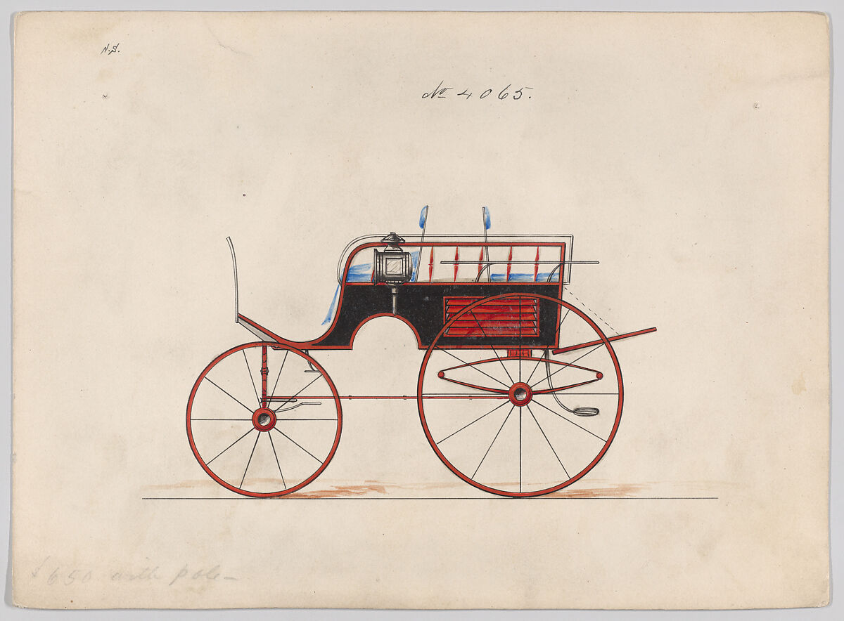 Design for Dos-a-Dos Phaeton, no. 4065, Brewster &amp; Co. (American, New York), Pen and black ink, watercolor and gouache with gum arabic 