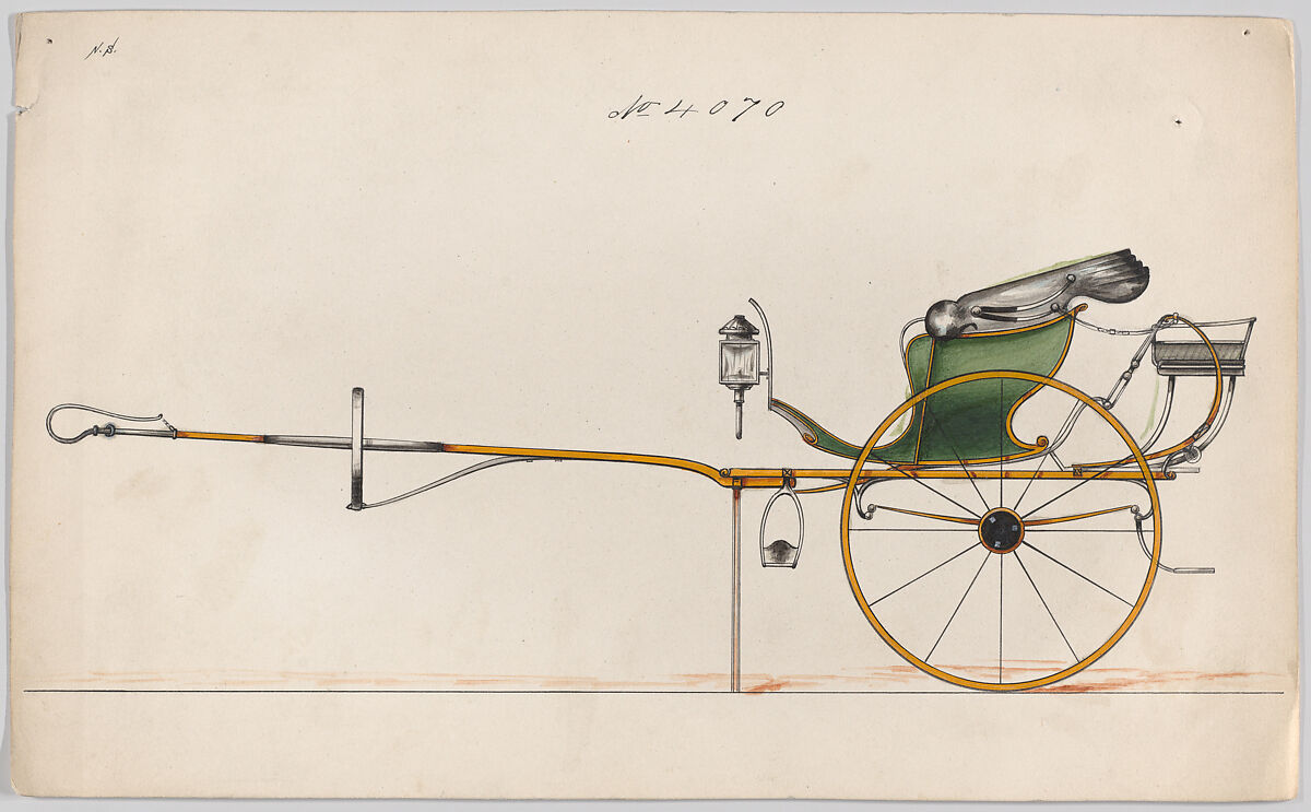 Carriage design for a Curricle, no. 4070, Brewster &amp; Co. (American, New York), Pen and black ink, watercolor and gouache with gum arabic 
