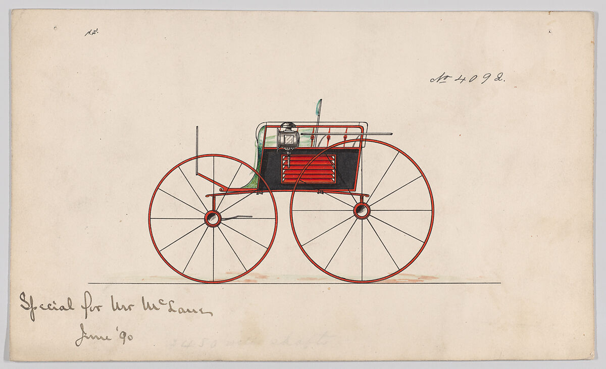 Design for Dos-a-Dos Phaeton, no. 4092, Brewster &amp; Co. (American, New York), Graphite, pen and black ink, watercolor and gouache with gum arabic 