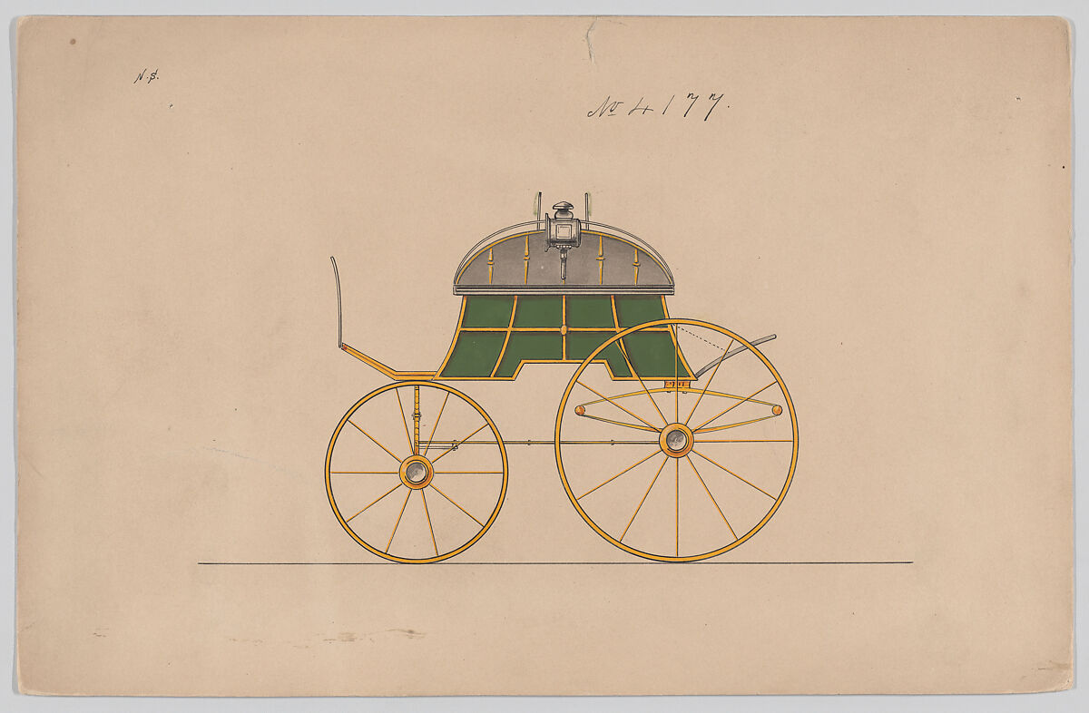 Design for Dos-a-dos Phaeton, no. 4177, Brewster &amp; Co. (American, New York), Pen and black ink, watercolor and gouache 