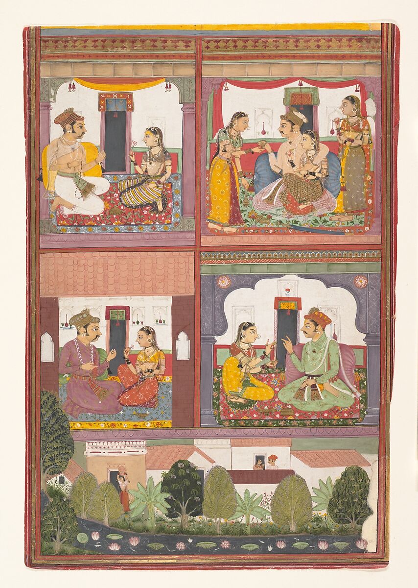 Four Love Scenes and a Landscape: Page from a Dispersed Raskapriya, Ink and opaque watercolor on paper, India (Rajasthan, Bundi) 