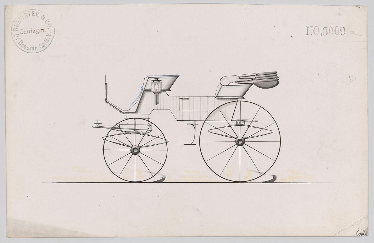 Design for 2 seat Phaeton, no. 3009a, Brewster &amp; Co. (American, New York), Pen and black ink, watercolor and gouache 