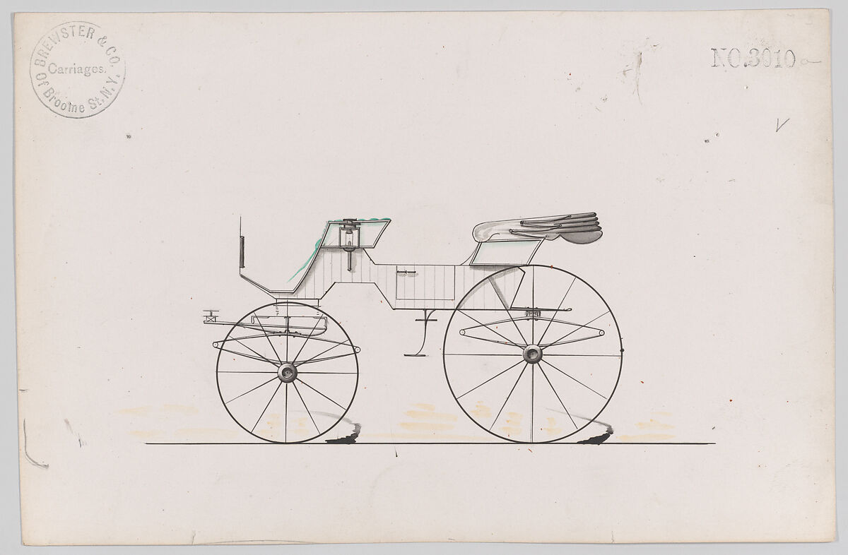 Design for 2 seat Phaeton, no. 3010a, Brewster &amp; Co. (American, New York), Pen and black ink, watercolor and gouache 