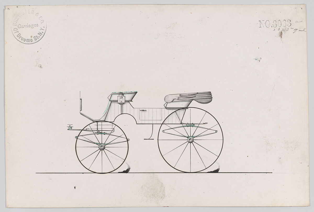 Design for 2 seat Phaeton, no. 3033a, Brewster &amp; Co. (American, New York), Graphite, pen and black ink, watercolor and gouache 