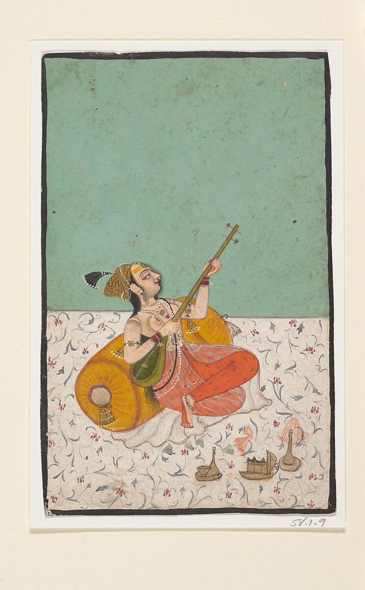 Lady Musician Playing a Sitar, Ink and opaque watercolor on paper, India (Rajasthan, Kota) 
