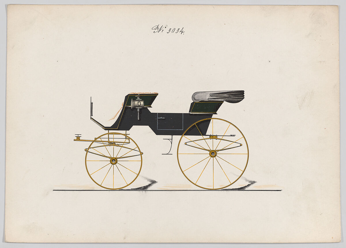 Design for 2 seat Phaeton, no. 3034, Brewster &amp; Co. (American, New York), Pen and black ink, watercolor and gouache with gum arabic 