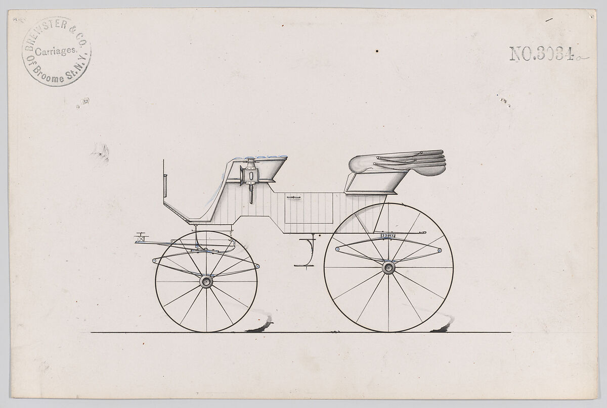 Design for 4 seat Phaeton, no. 3034a, Brewster &amp; Co. (American, New York), Pen and black ink watercolor and gouache 
