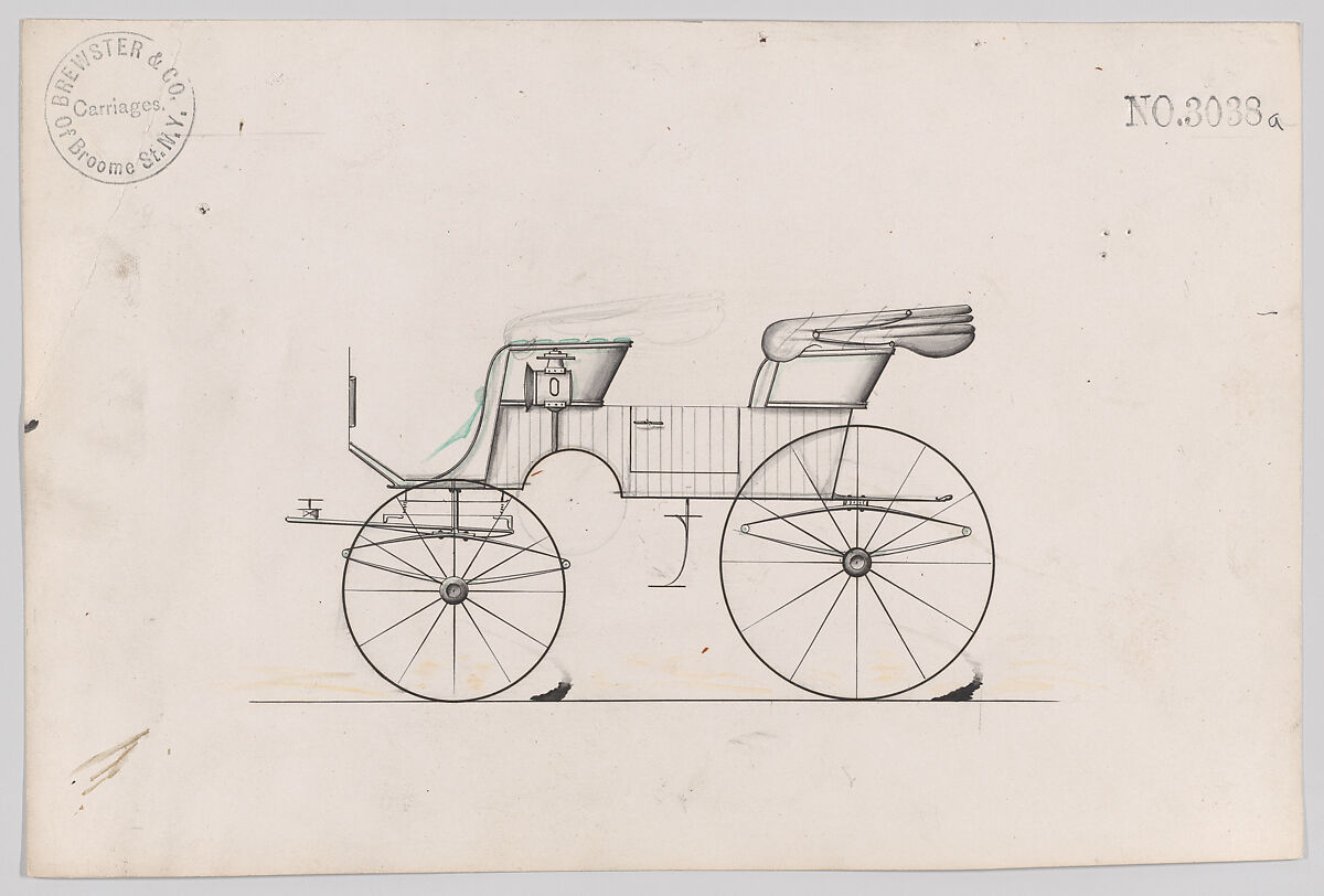 Design for 2 seat Phaeton, no. 3038a, Brewster &amp; Co. (American, New York), Graphite, pen and black ink with tan colored pencil 