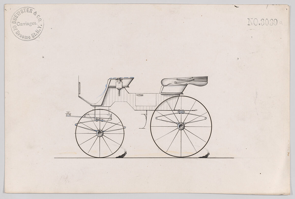 Design for 2 seat Phaeton, no. 3039a, Brewster &amp; Co. (American, New York), Pen and black ink, watercolor and gouache 