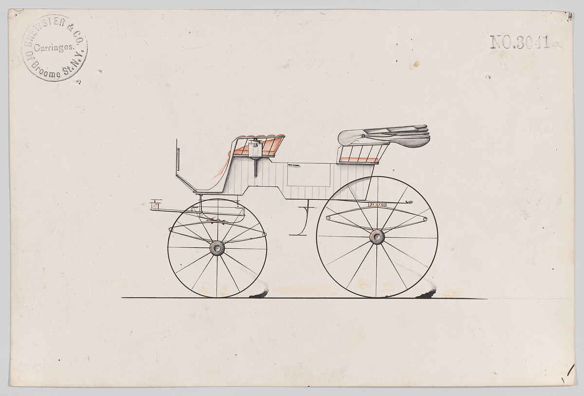 Design for 2 seat Phaeton, no. 3041a, Brewster &amp; Co. (American, New York), Pen and black ink, watercolor and gouache 