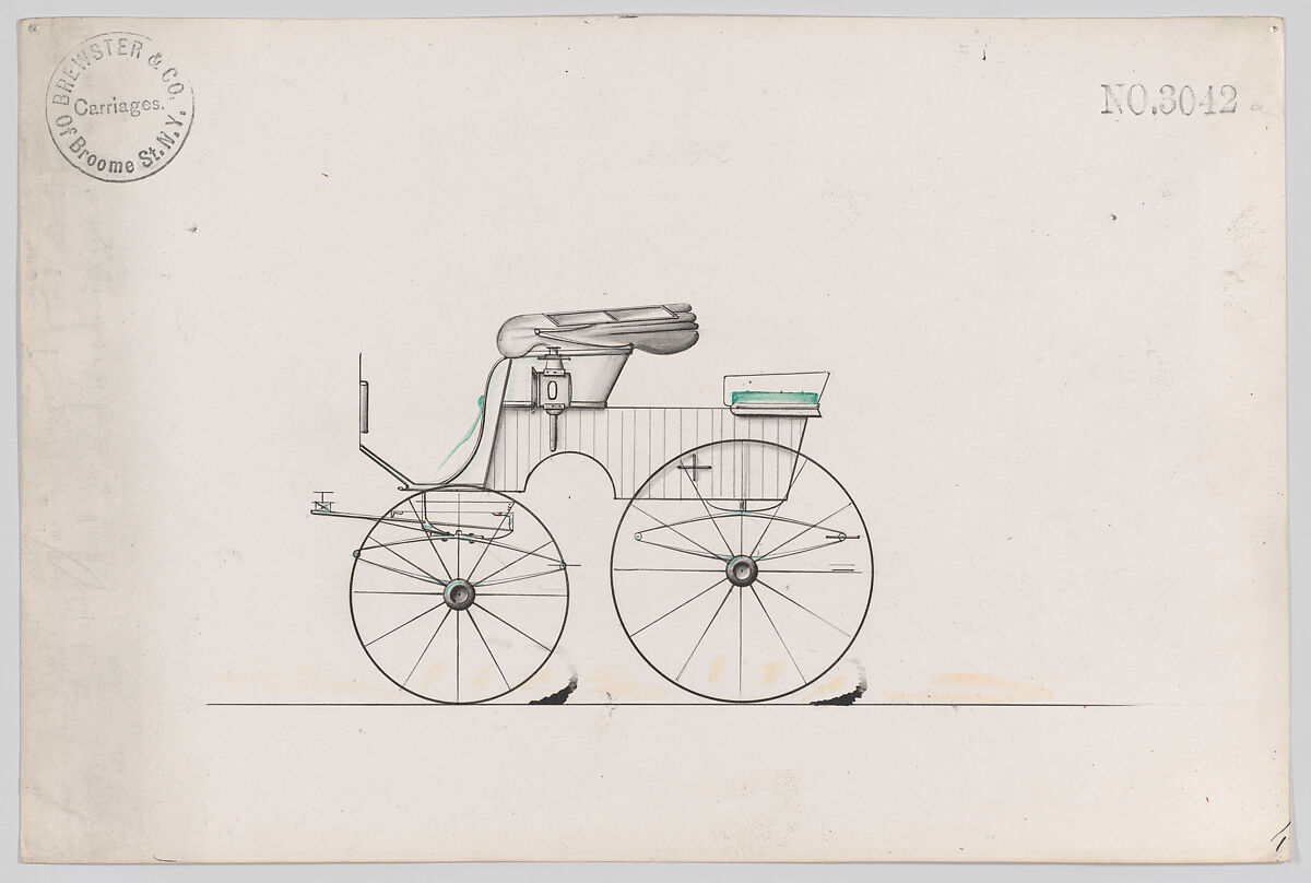 Design for Stanhope Phaeton, no. 3042a, Brewster &amp; Co. (American, New York), Pen and black ink, watercolor and gouache 