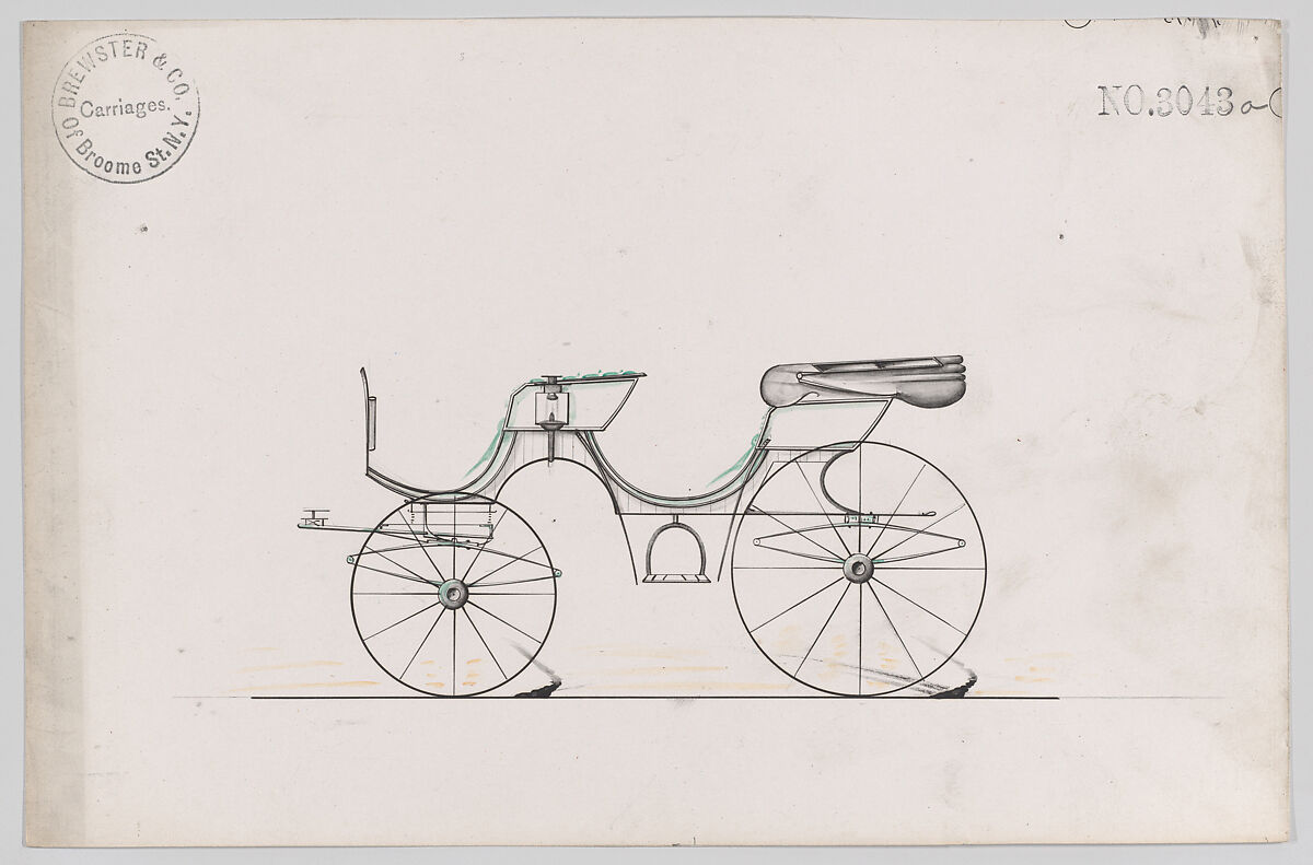 Design for Park Phaeton, no. 3043a, Brewster &amp; Co. (American, New York), Pen an black ink, watercolor and gouache 
