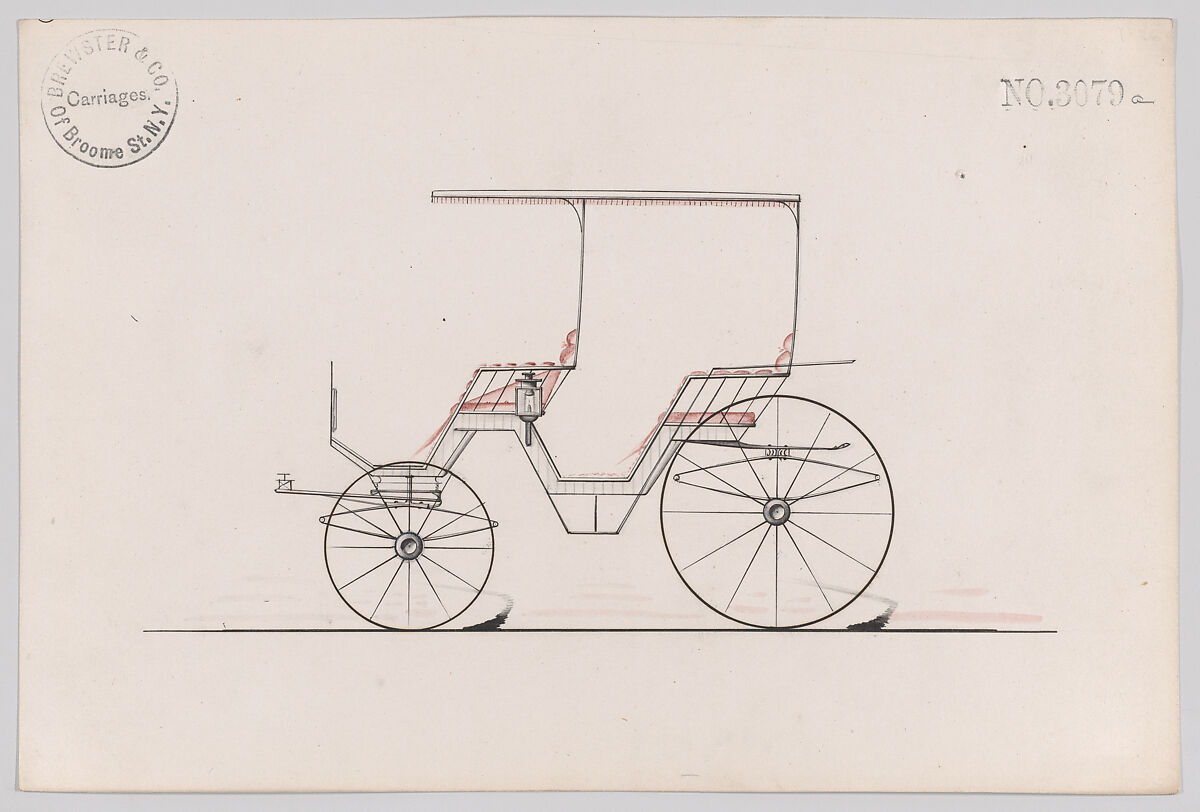 Design for Canopy Top Phaeton, no. 3079a, Brewster &amp; Co. (American, New York), Graphite, pen and black ink, watercolor and gouache 