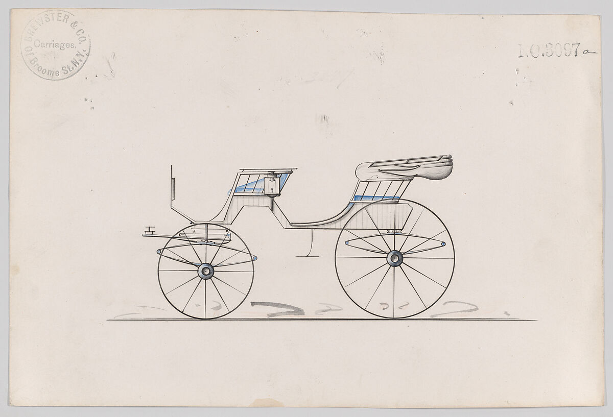 Design for 2 seat Phaeton, no. 3097a, Brewster &amp; Co. (American, New York), Graphite, pen and black ink, watercolor and gouache. 