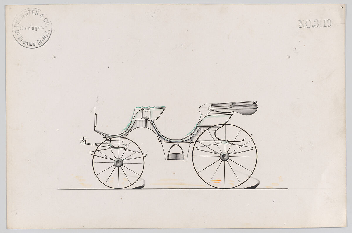 Design for Cabriolet Phaeton, no. 3119a, Brewster &amp; Co. (American, New York), Pen and black ink, watercolor and gouache 