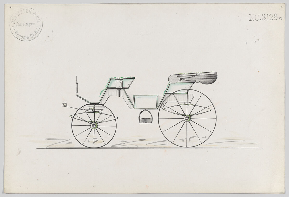 Design for 2 seat Cabriolet Phaeton, no. 3128a, Brewster &amp; Co. (American, New York), Graphite, pen and black ink, watercolor and gouache 
