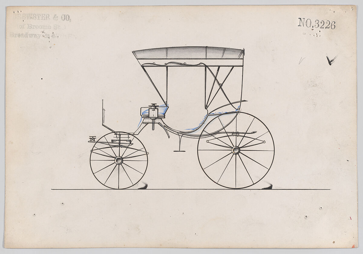 Design for Cabriolet (?) Phaeton, no. 3226, Brewster &amp; Co. (American, New York), Pen and black ink, watercolor and gouache 