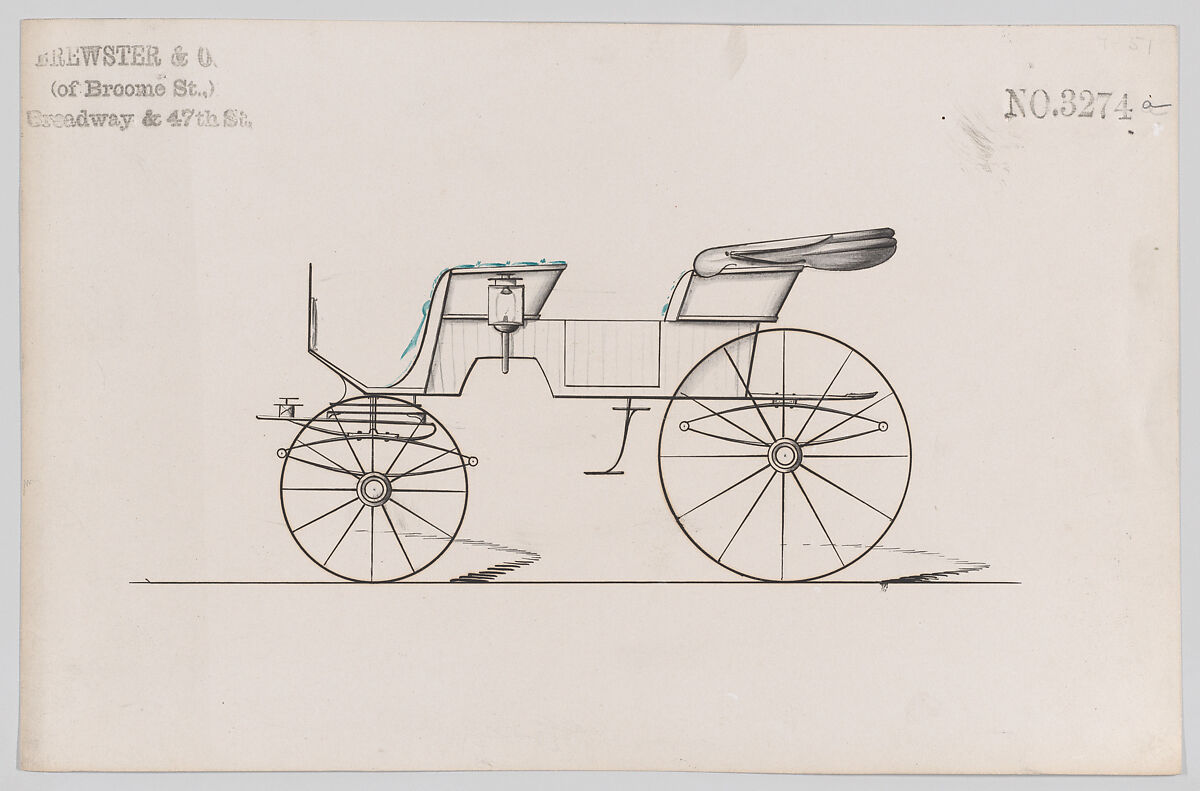 Design for 2 seat Phaeton, no. 3274a, Brewster &amp; Co. (American, New York), Pen and black ink, watercolor and gouache