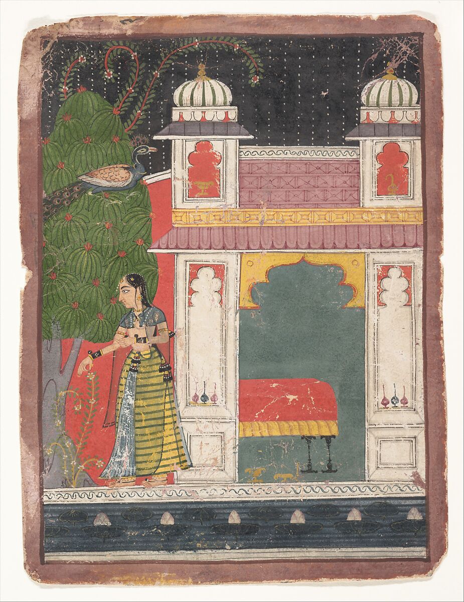 A Heroine Plucking a Flower:  Page from a Dispersed Nayikabheda, Ink and opaque watercolor on paper, India (Madhya Pradesh, Malwa) 